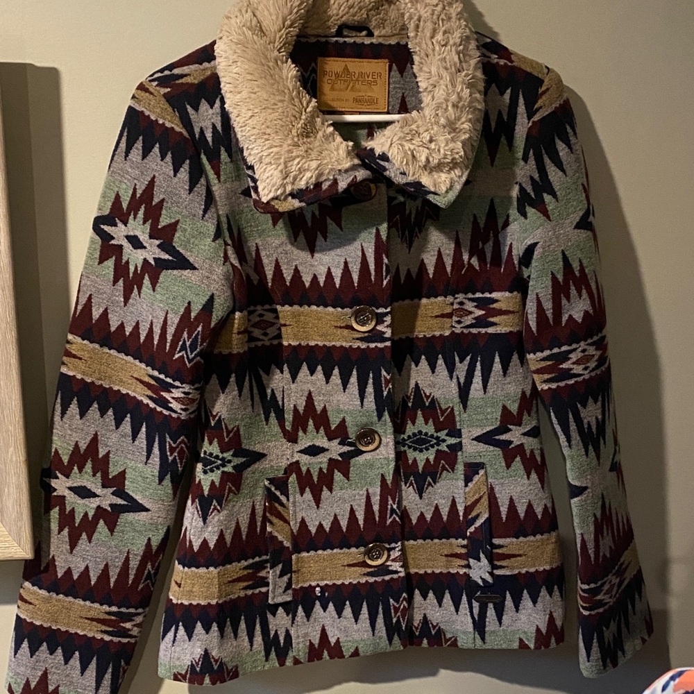 Wool Blend Aztec Pattern  Jacket coat lined faux fur collar spring fall boho